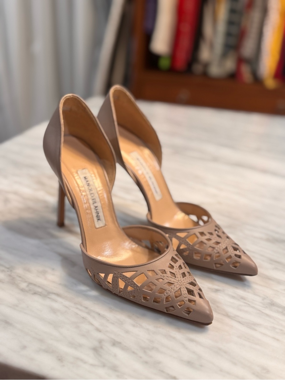Manolo Blahnik Taupe Laser-Cut D'Orsay Pointed-Toe Pumps